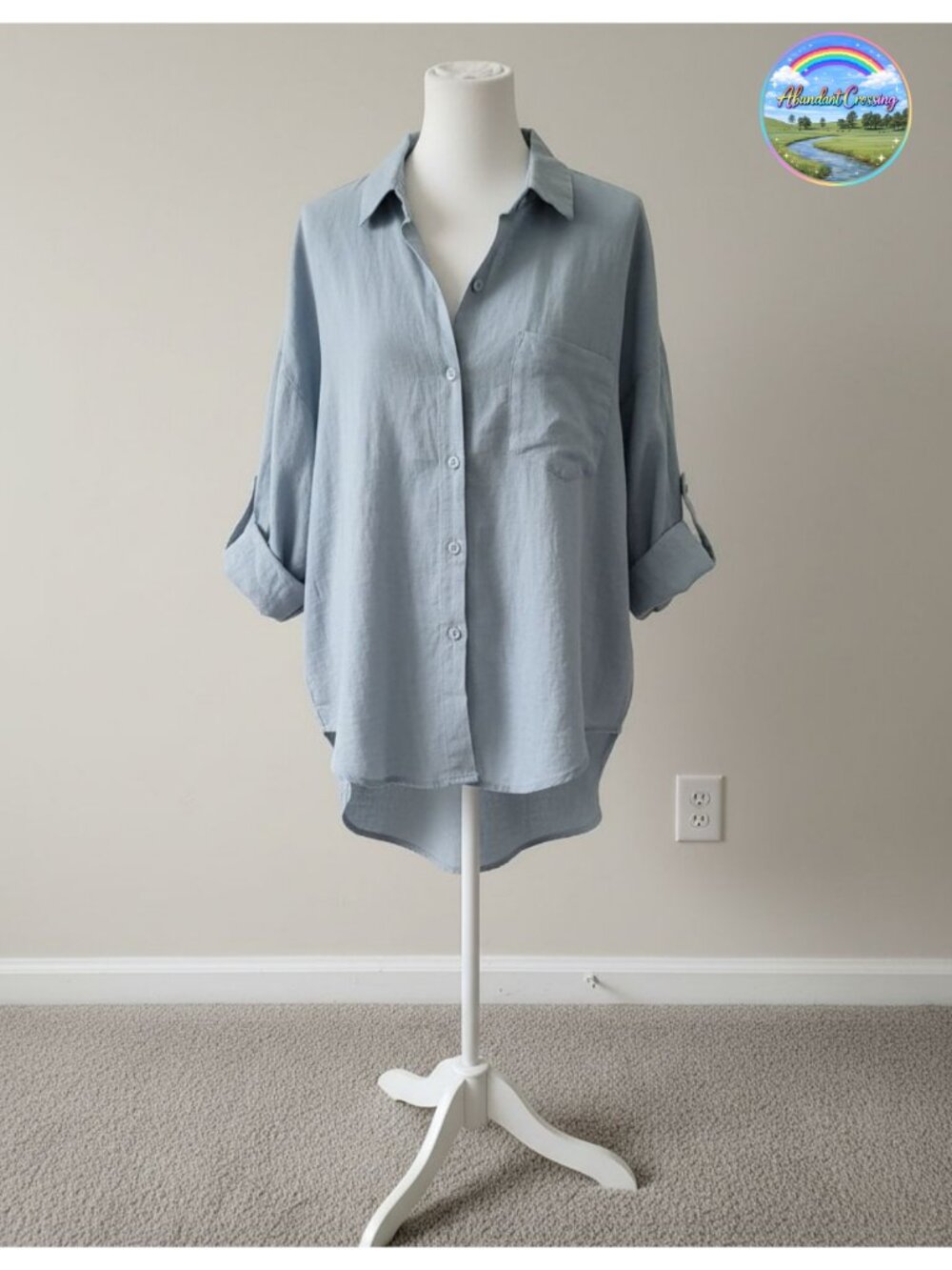 Minibee Women's Linen Blouse High Low Shirt Roll-Up Sleeve Tops